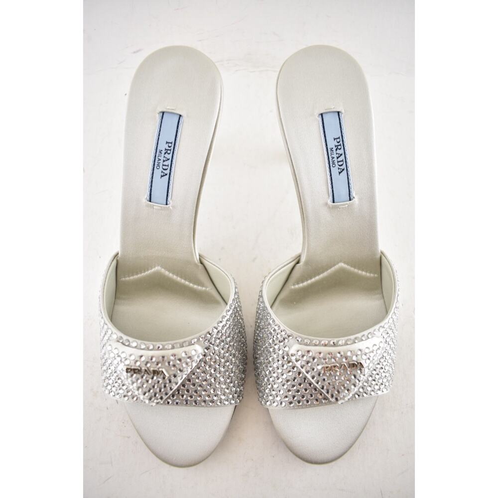 Prada Crystal Satin Stiletto Perla White Grey Backless Sandal Mule Heel Pump 36 - Picture 14 of 16